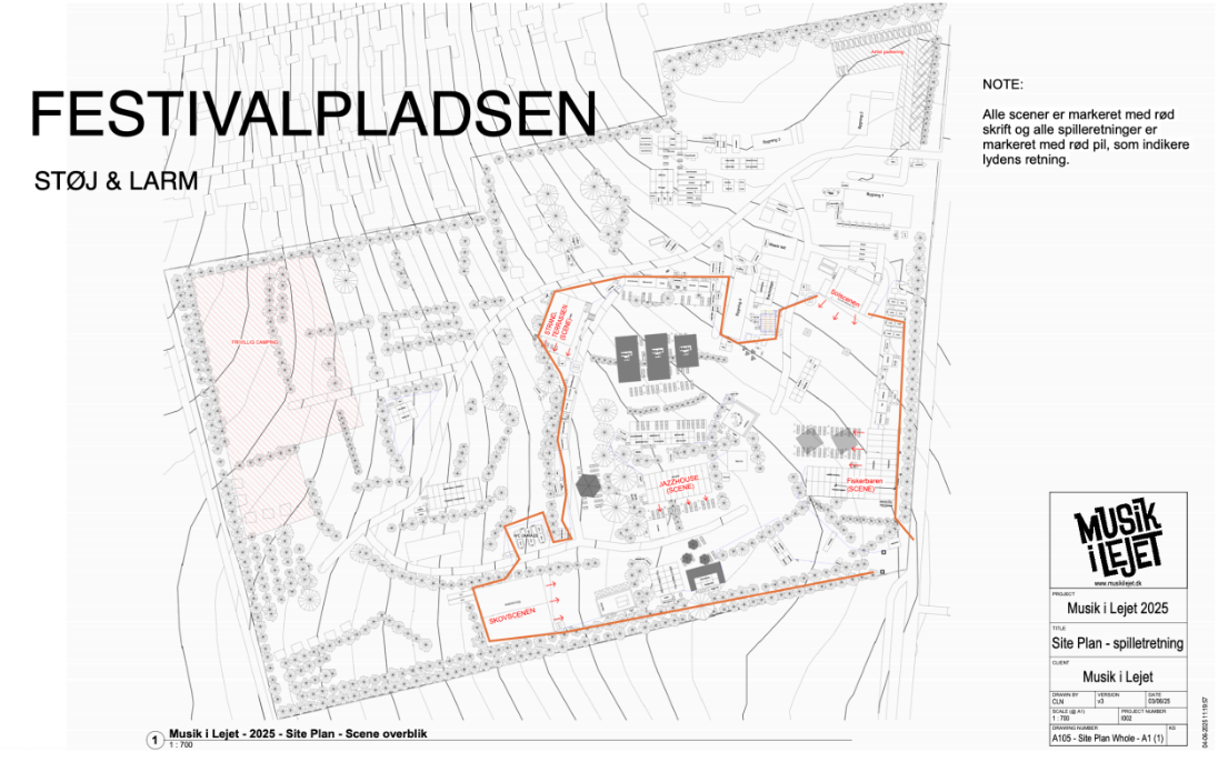 Kort over scenernes placering og lydretning