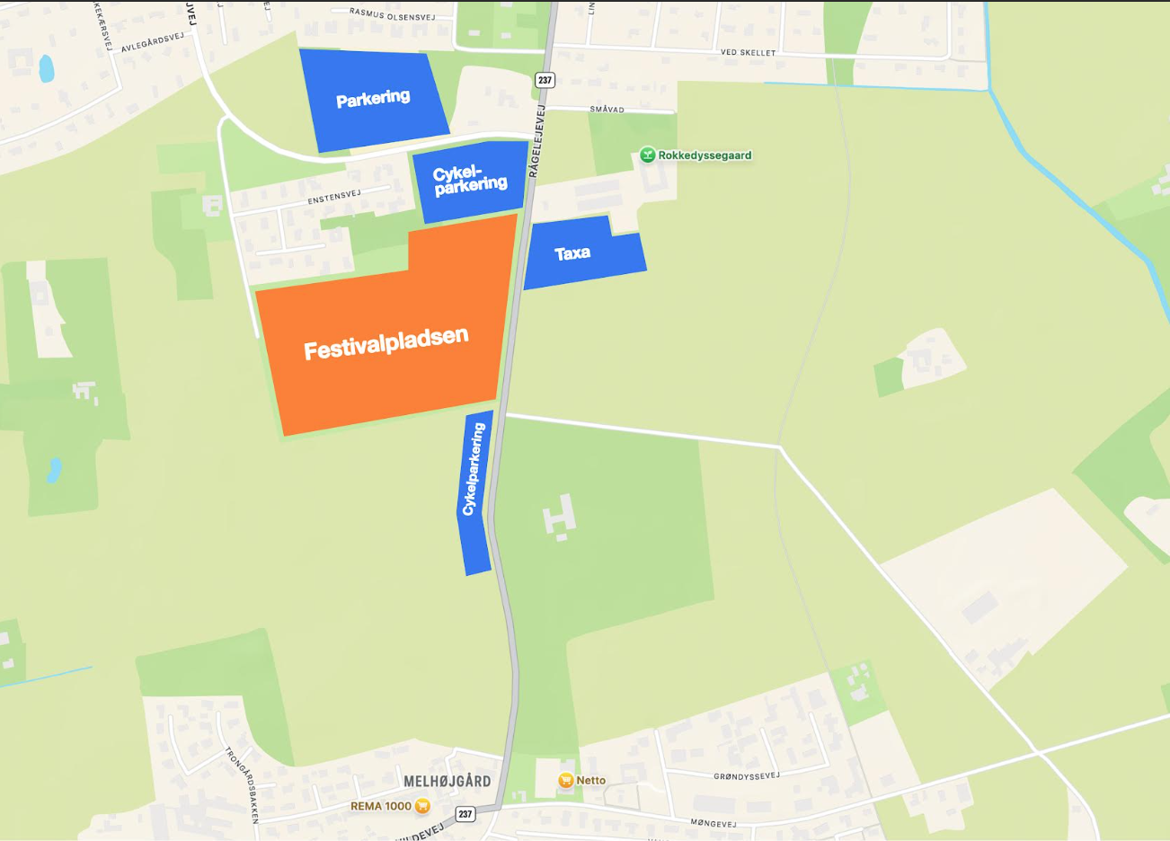 Simpelt overblik over festivalpladsen og parkeringsområder